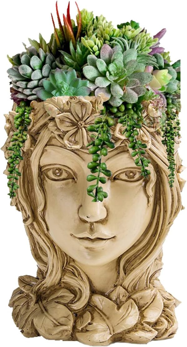 Goddess Face Planters Pots Head Flower Pot, Succulent Pot Cute Resin Planter with Drainage Hole for Indoor Outdoor Plants (A-Maple)