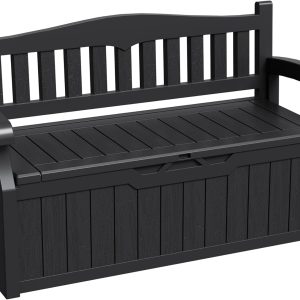 Greesum 80 Gallon Storage Bench Outdoor Deck Box with Armrest, Patio Furniture,Lockable, Waterproof and UV Resistant, Suitable for Garden, Pool, Black