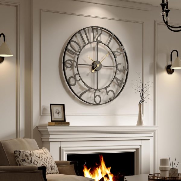 Large Wall Clock for Living Room Kitchen Mantel Decor, 30 Inch Decorative Wall Clock Silent Non Ticking Battery-Operated Metal Round Modern Black Wall Clocks Arabic Numerals