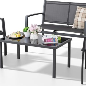 Shintenchi 4 Pieces Patio Furniture Set All Weather Textile Fabric Outdoor Conversation Set, with Glass Coffee Table, Loveseat, 2 Single Chairs for Home, Garden, Lawn, Porch（Gray）